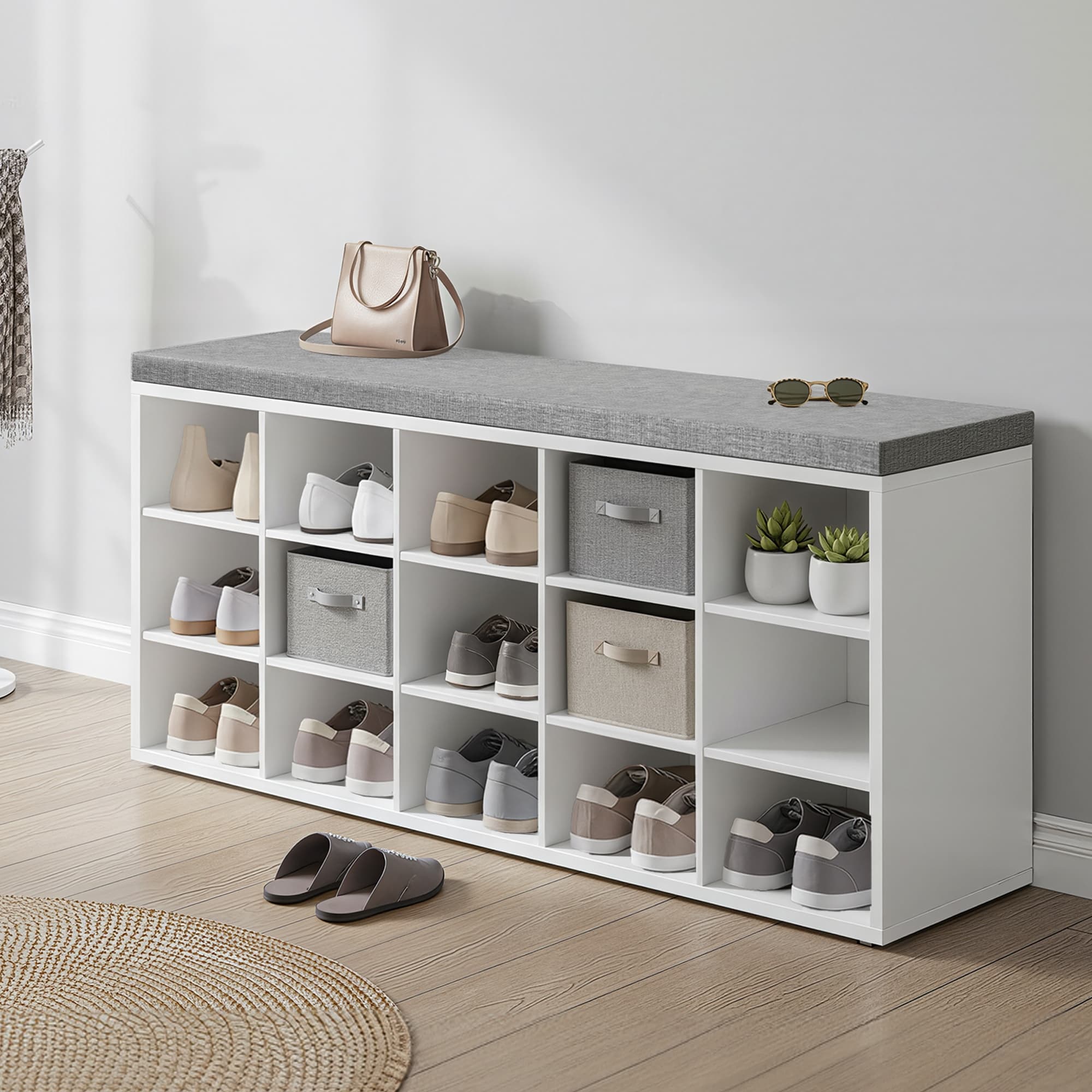 Entryway Storage Bench – Upholstered Fabric – White and Grey – 15 Open Compartments