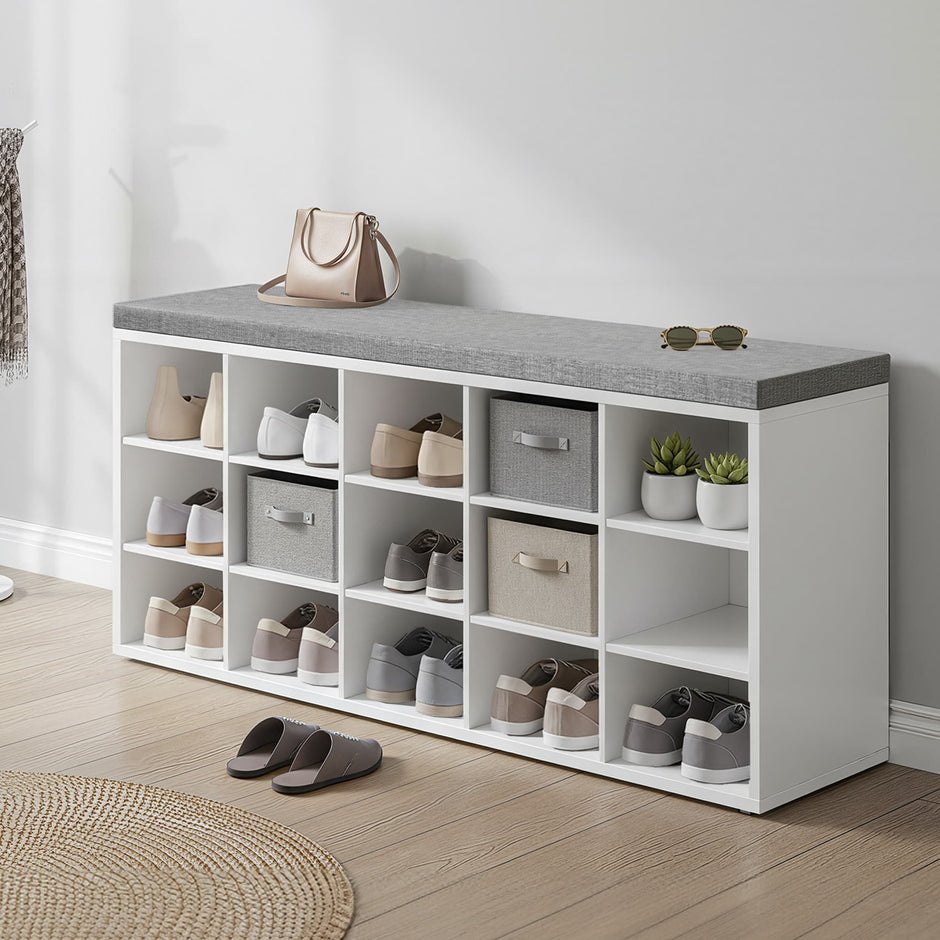 Entryway Storage Bench – Upholstered Fabric – White and Grey – 15 Open Compartments