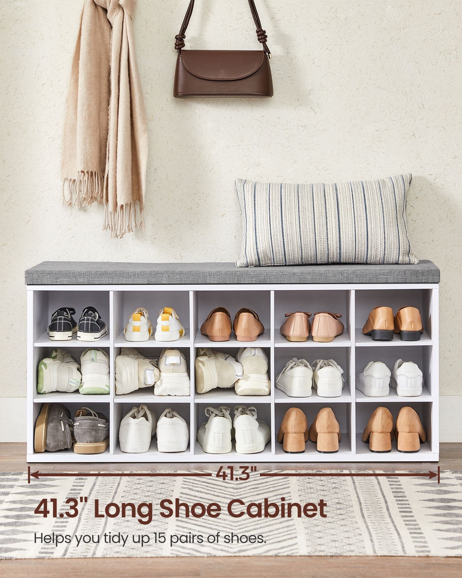 Shoe Rack – Wood – Cloud White and Dove Grey – Shoe Bench with Cushion and 15 Open Storage Compartments