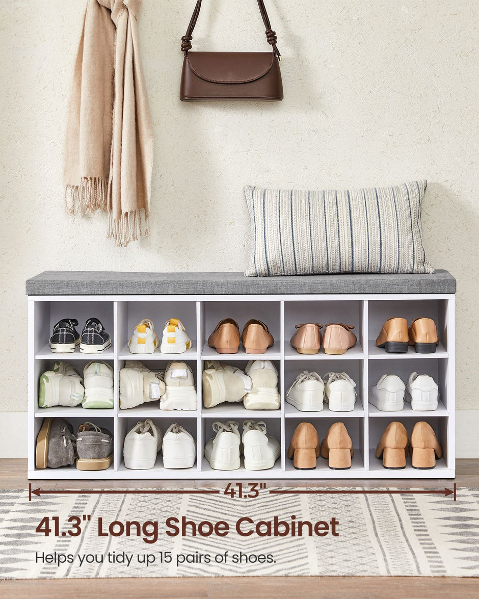 Shoe Rack – Wood – Cloud White and Dove Grey – Shoe Bench with Cushion and 15 Open Storage Compartments