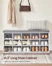 Shoe Rack – Wood – Cloud White and Dove Grey – Shoe Bench with Cushion and 15 Open Storage Compartments