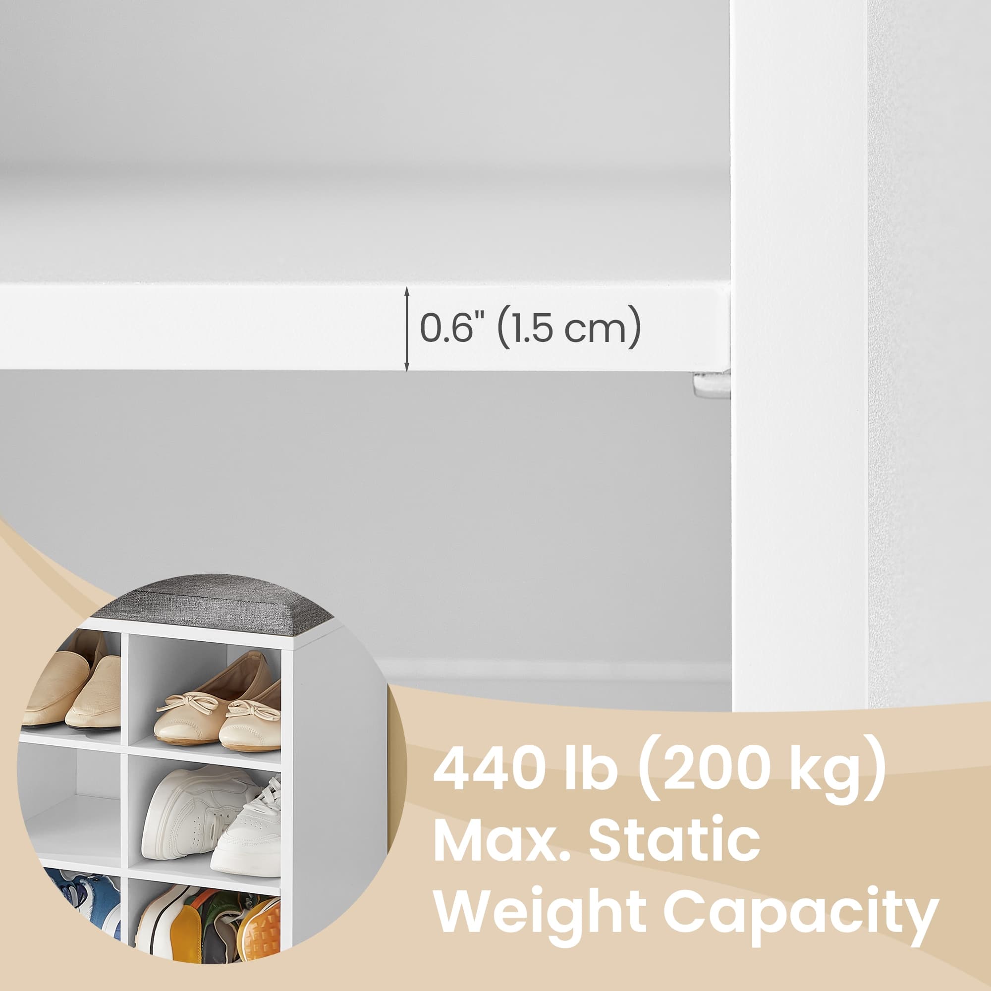Entryway Storage Bench – Upholstered Fabric – White and Grey – 15 Open Compartments