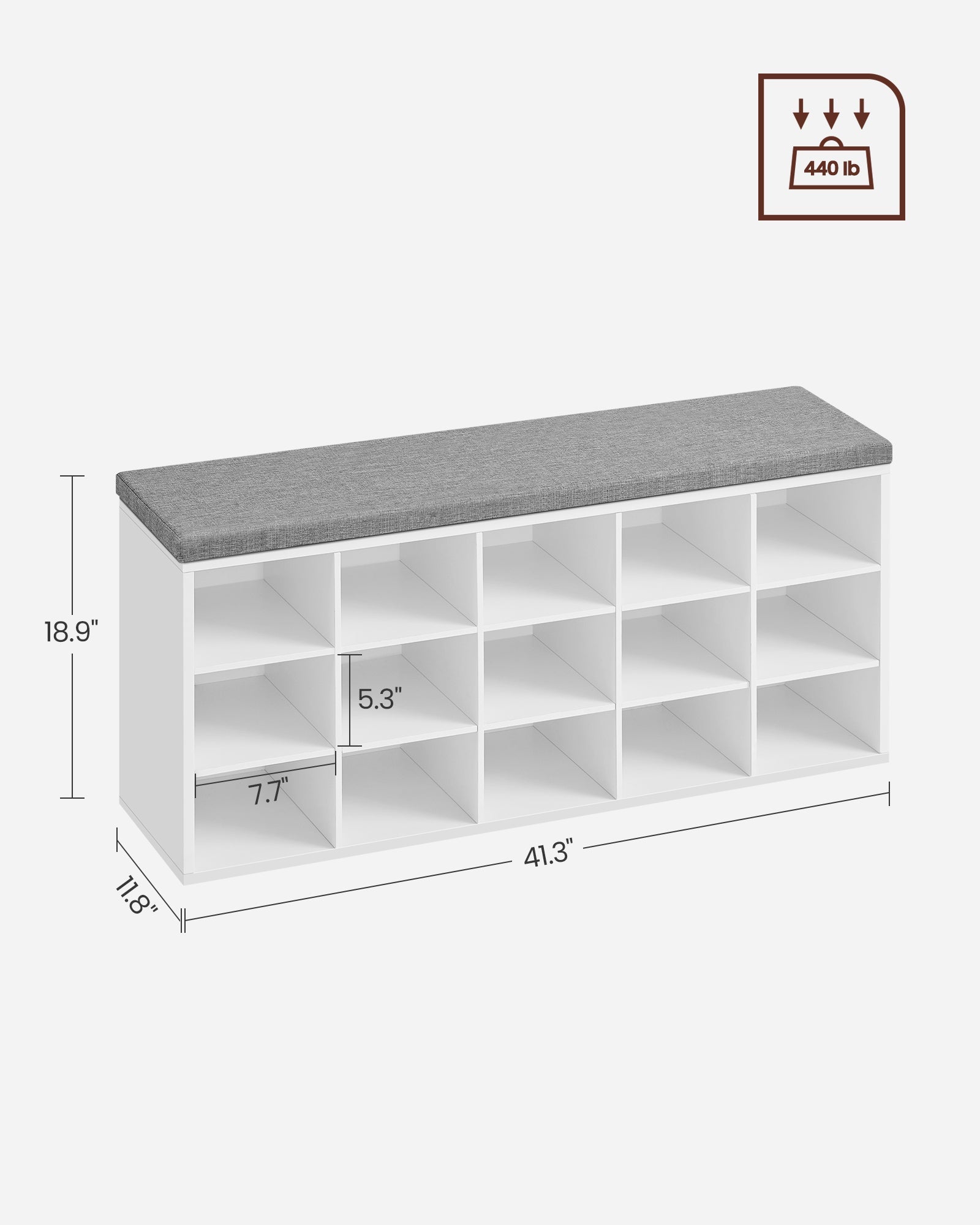 Shoe Rack – Wood – Cloud White and Dove Grey – Shoe Bench with Cushion and 15 Open Storage Compartments