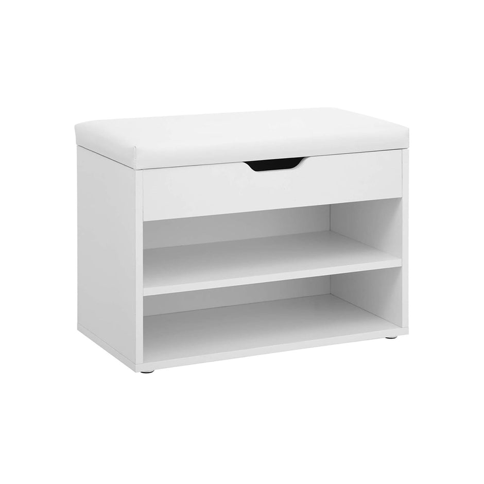 Shoe Bench – Wood – White and Gray – Padded Seat with Storage Compartments