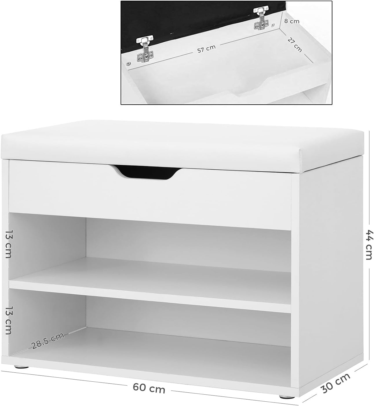 Shoe Bench – Wood – White and Gray – Padded Seat with Storage Compartments