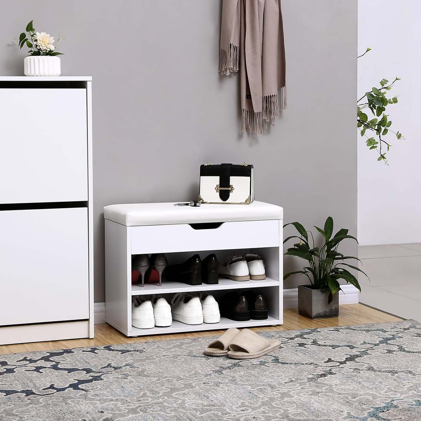 Shoe Bench – Wood – White and Gray – Padded Seat with Storage Compartments