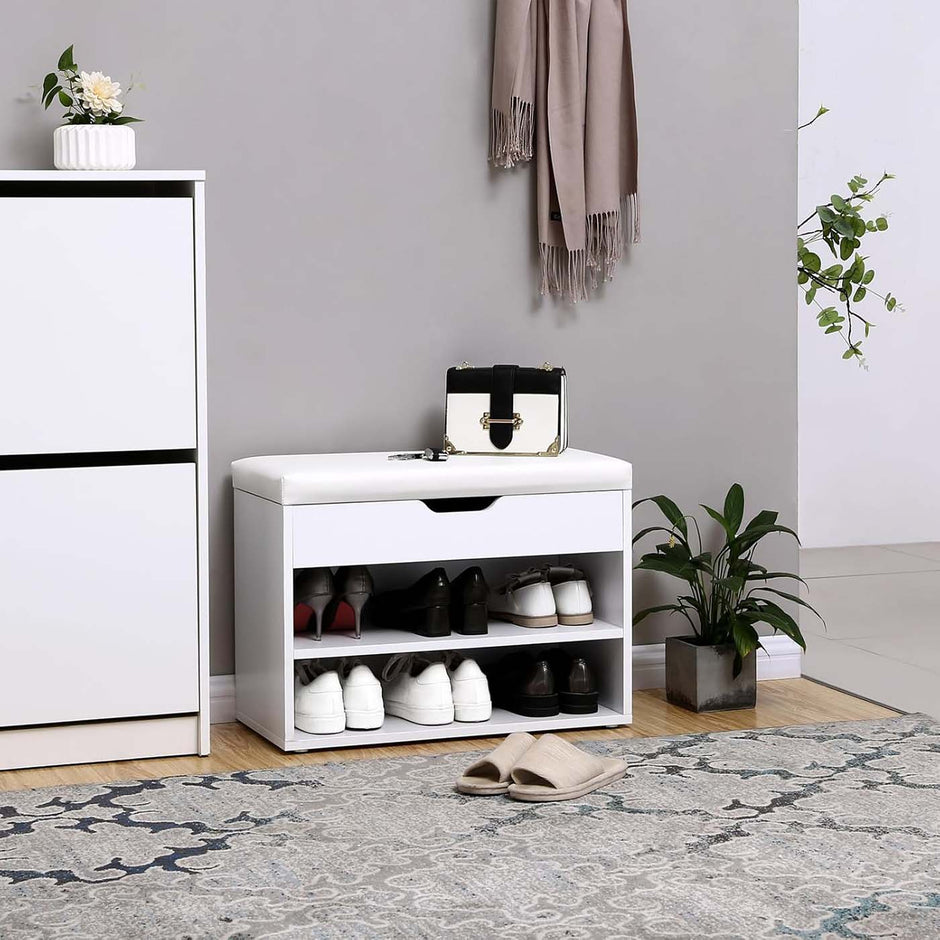 Shoe Bench – Wood – White and Gray – Padded Seat with Storage Compartments