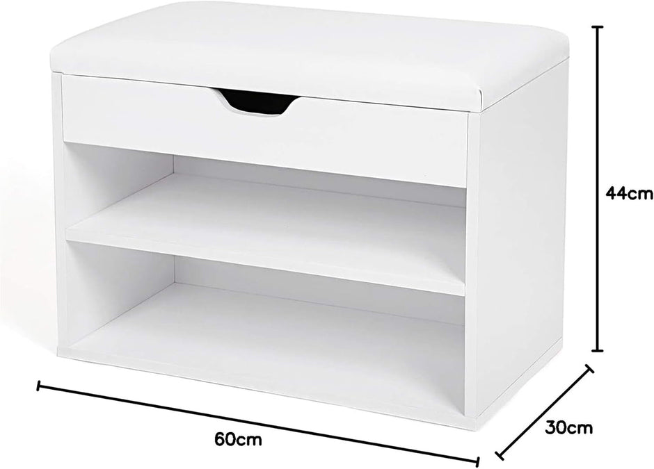 Shoe Bench – Wood – White and Gray – Padded Seat with Storage Compartments