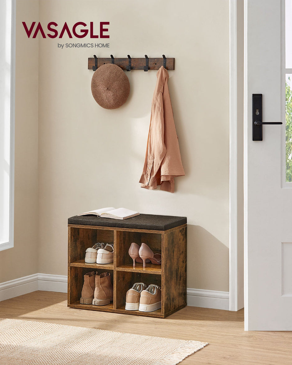 Shoe Storage Bench – Engineered Wood – Rustic Brown – Padded Seat with 4 Compartments and 2 Adjustable Shelves