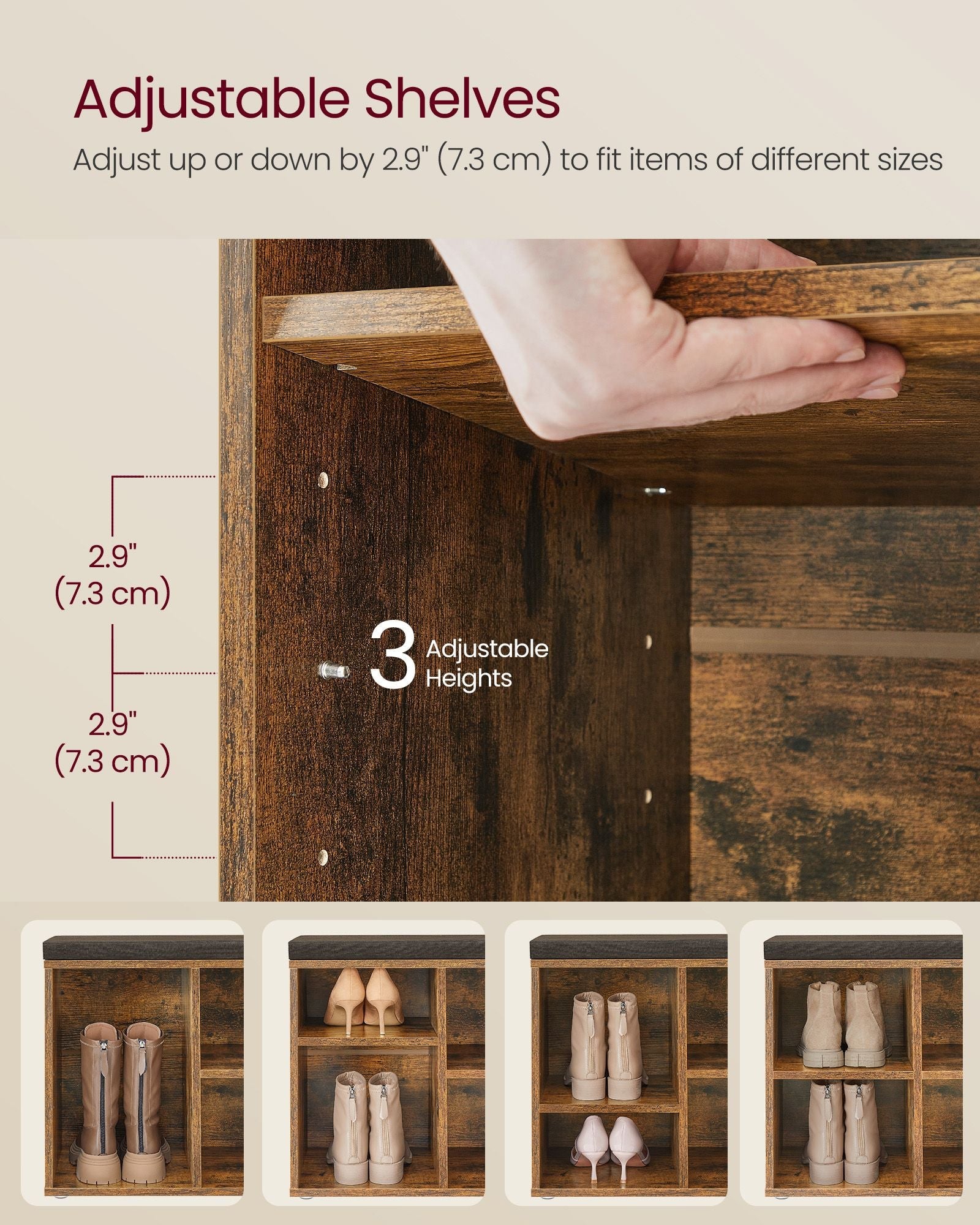 Shoe Storage Bench – Engineered Wood – Rustic Brown – Padded Seat with 4 Compartments and 2 Adjustable Shelves
