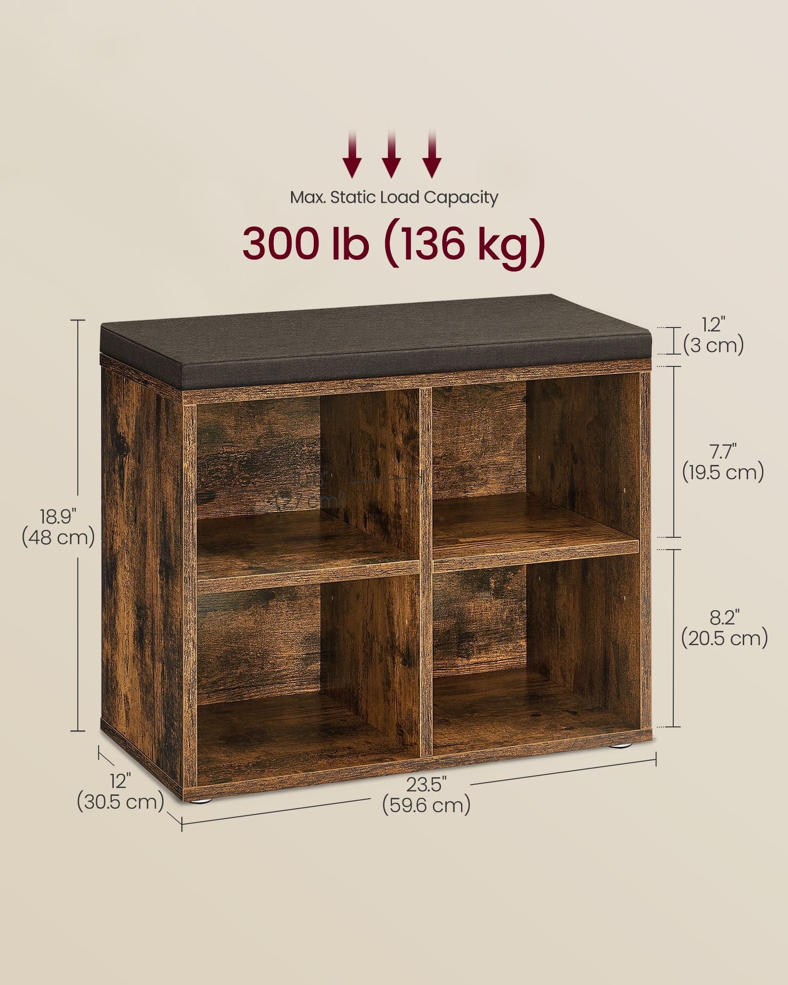 Shoe Storage Bench – Engineered Wood – Rustic Brown – Padded Seat with 4 Compartments and 2 Adjustable Shelves