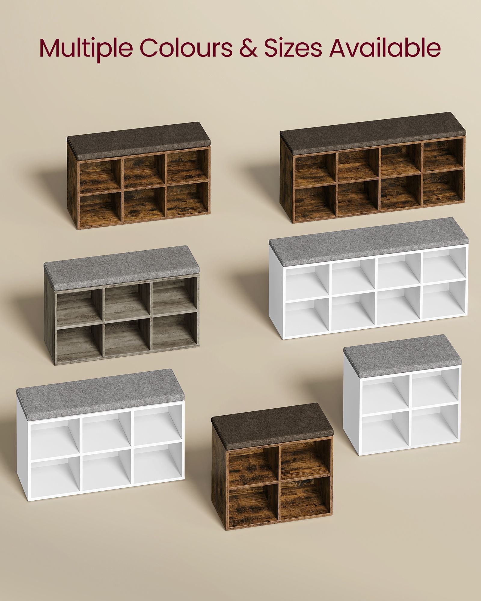Shoe Storage Bench – Engineered Wood – Rustic Brown – Padded Seat with 4 Compartments and 2 Adjustable Shelves
