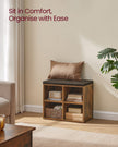 Shoe Storage Bench – Engineered Wood – Rustic Brown – Padded Seat with 4 Compartments and 2 Adjustable Shelves