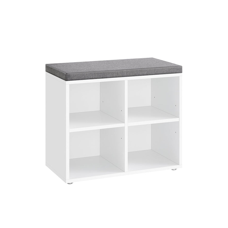 Shoe Storage Bench – Wood – Cloud White – Padded Seat with Adjustable Shelves