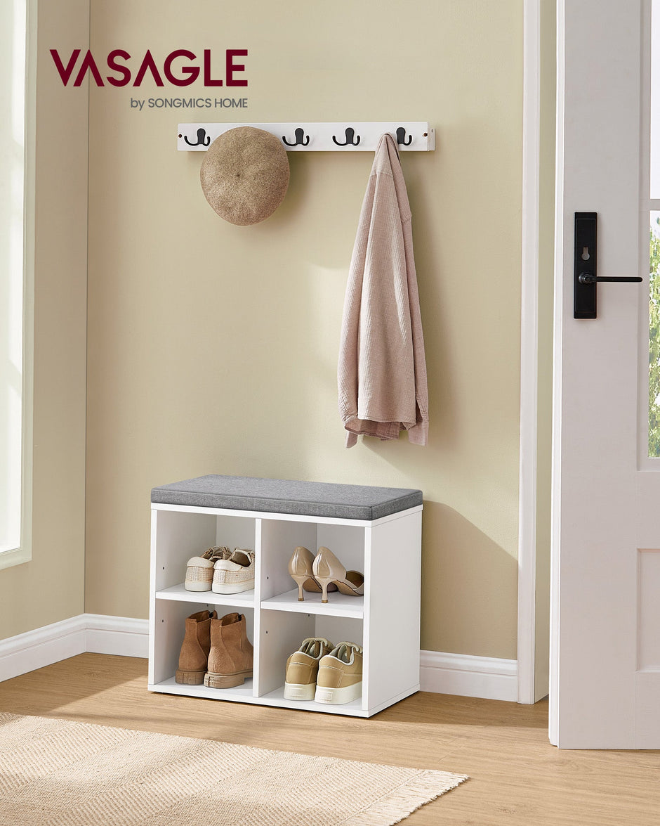 Shoe Storage Bench – Wood – Cloud White – Padded Seat with Adjustable Shelves