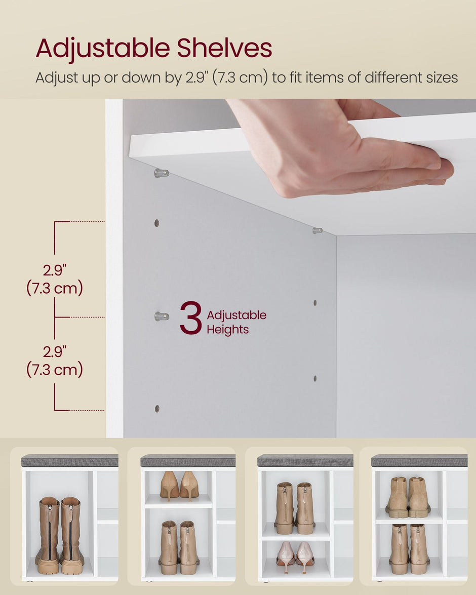 Shoe Storage Bench – Wood – Cloud White – Padded Seat with Adjustable Shelves