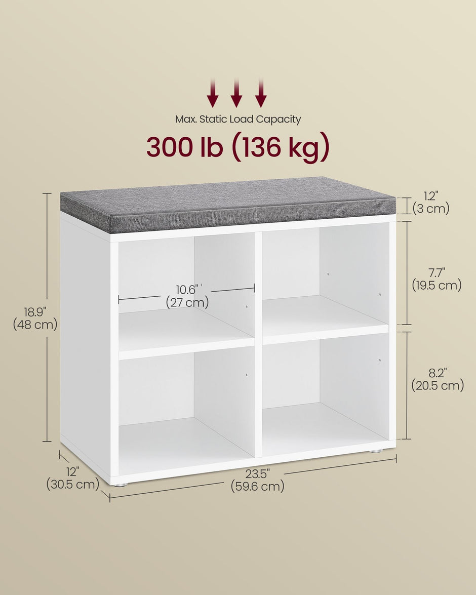 Shoe Storage Bench – Wood – Cloud White – Padded Seat with Adjustable Shelves