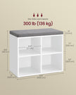 Shoe Storage Bench – Wood – Cloud White – Padded Seat with Adjustable Shelves