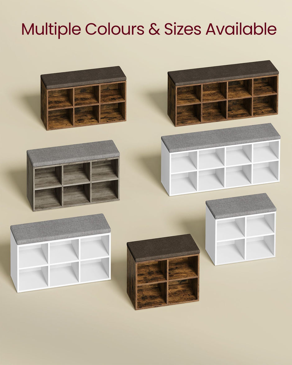 Shoe Storage Bench – Wood – Cloud White – Padded Seat with Adjustable Shelves
