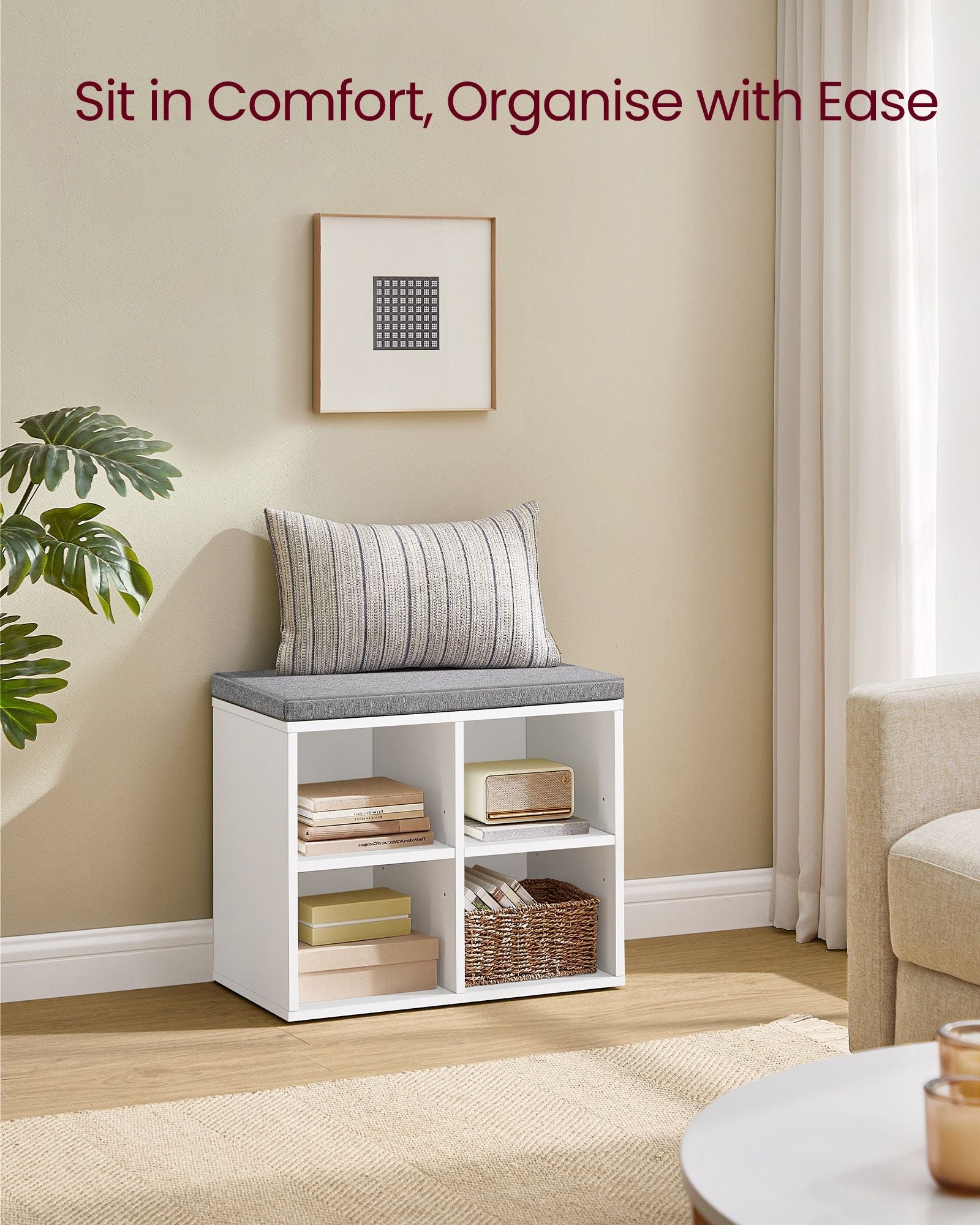 Shoe Storage Bench – Wood – Cloud White – Padded Seat with Adjustable Shelves