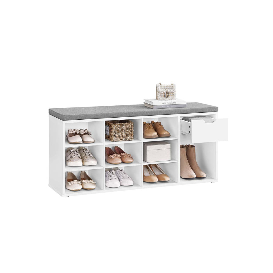 Shoe Bench – Wood – White – Storage with Open Compartments and Padded Seat