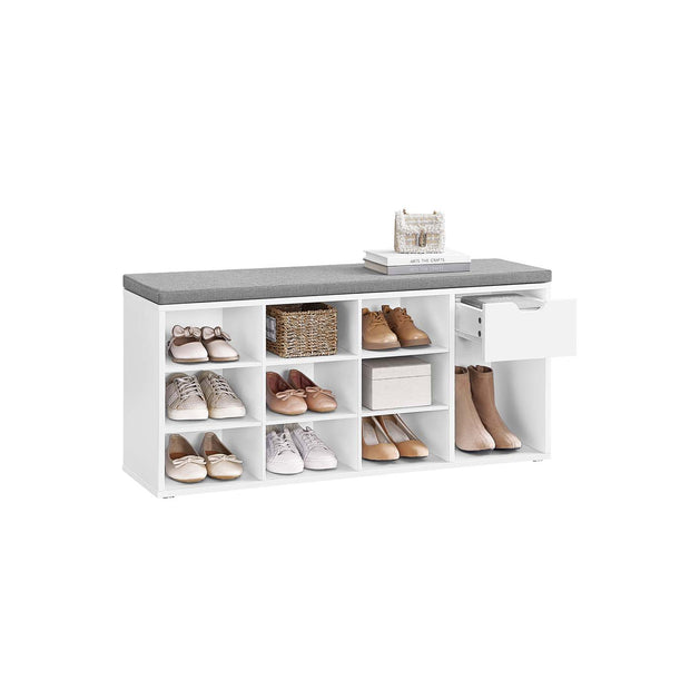 Shoe Bench – Wood – White – Storage with Open Compartments and Padded Seat