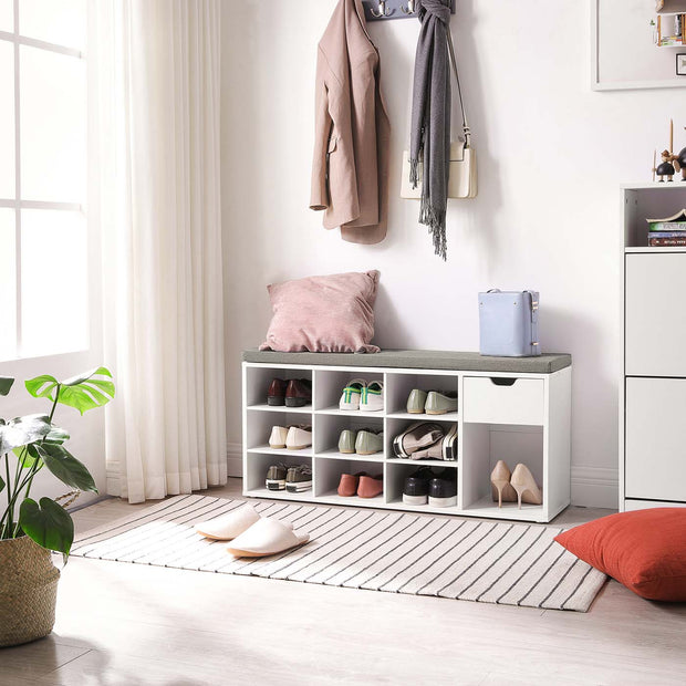 Shoe Bench – Wood – White – Storage with Open Compartments and Padded Seat