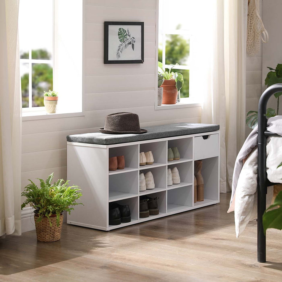 Shoe Bench – Wood – White – Storage with Open Compartments and Padded Seat
