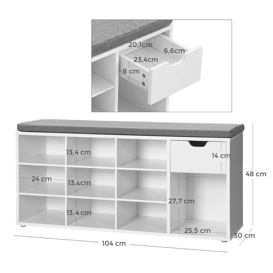 Shoe Bench – Wood – White – Storage with Open Compartments and Padded Seat