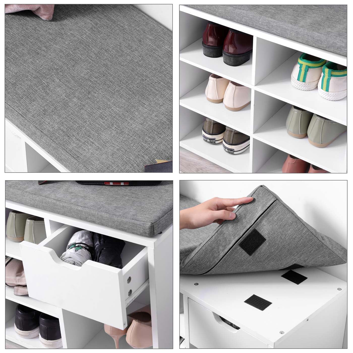 Shoe Bench – Wood – White – Storage with Open Compartments and Padded Seat