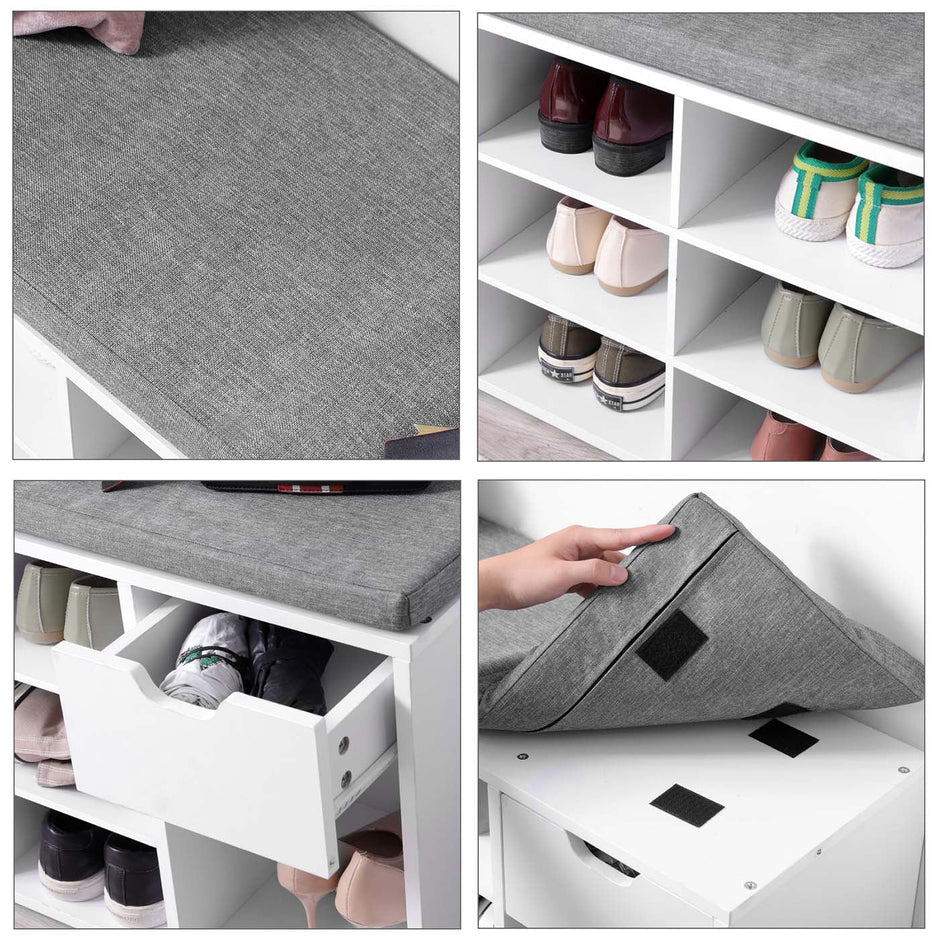 Shoe Bench – Wood – White – Storage with Open Compartments and Padded Seat
