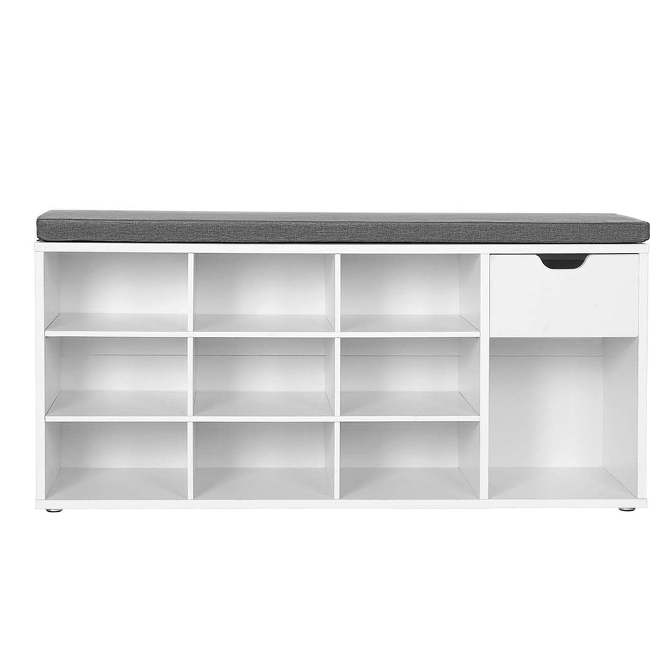 Shoe Bench – Wood – White – Storage with Open Compartments and Padded Seat