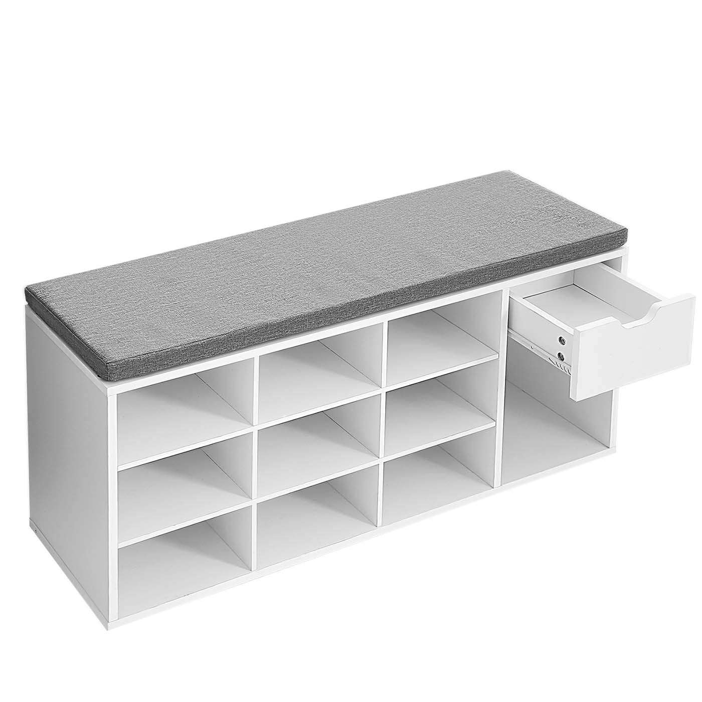 Shoe Bench – Wood – White – Storage with Open Compartments and Padded Seat