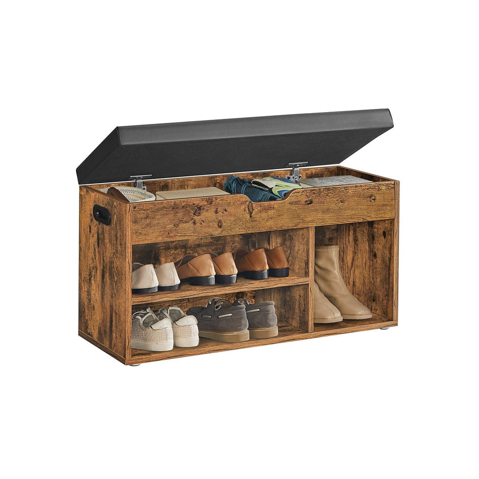 Shoe Bench – Wood – White – 3 Compartments with Storage Seat and Hidden Chest