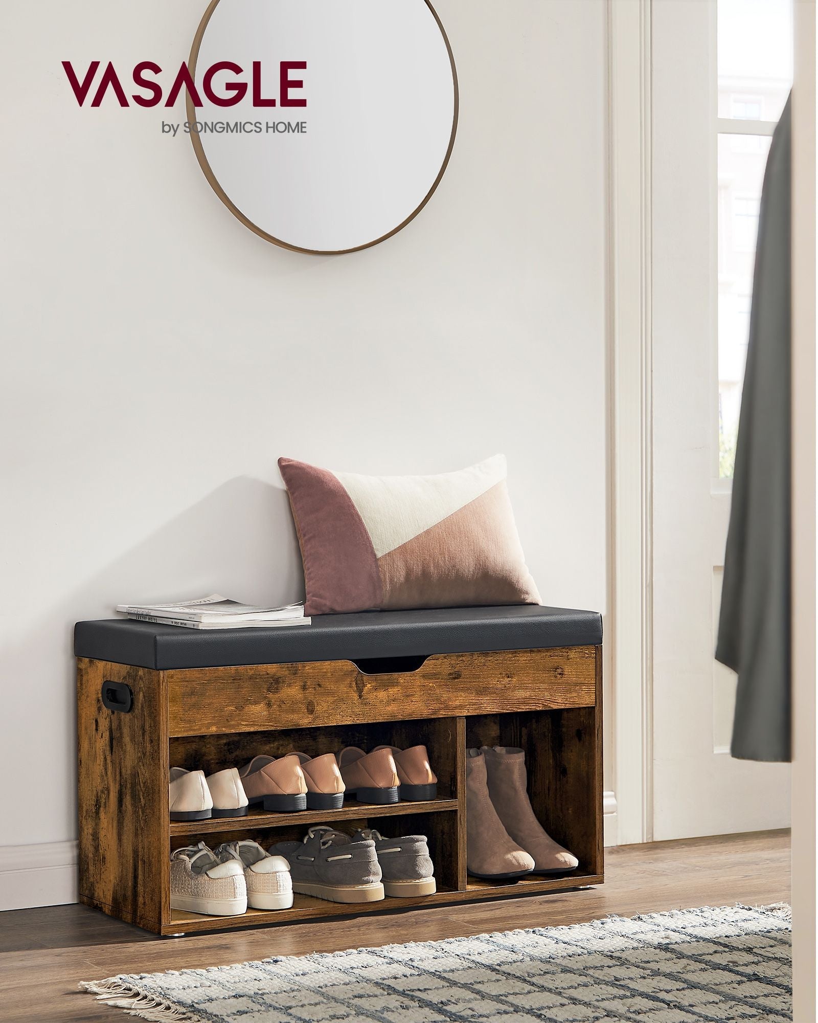 Shoe Bench – Wood – White – 3 Compartments with Storage Seat and Hidden Chest