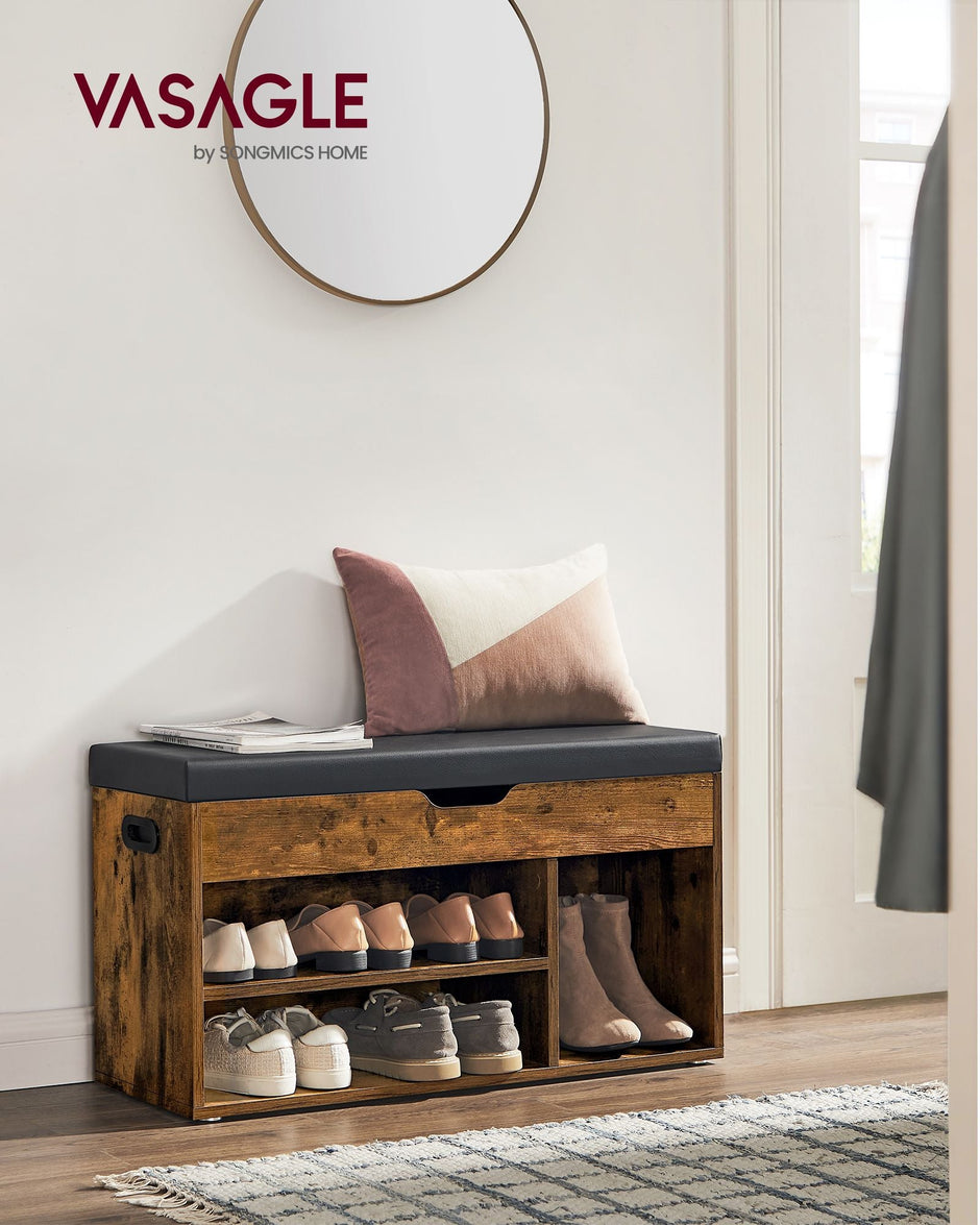 Shoe Bench – Wood – White – 3 Compartments with Storage Seat and Hidden Chest