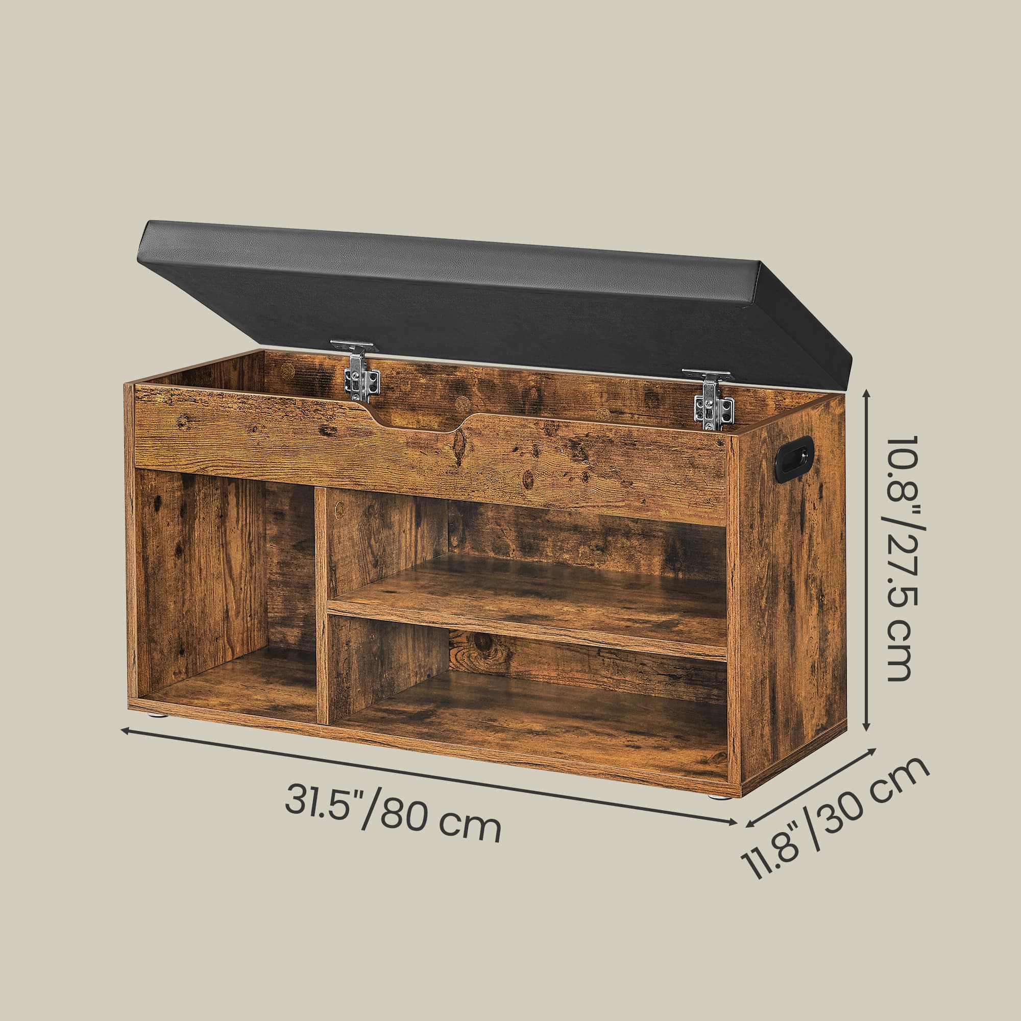 Entryway Storage Bench – Wood – Brown – Cushioned with Hidden Compartment and Shelves