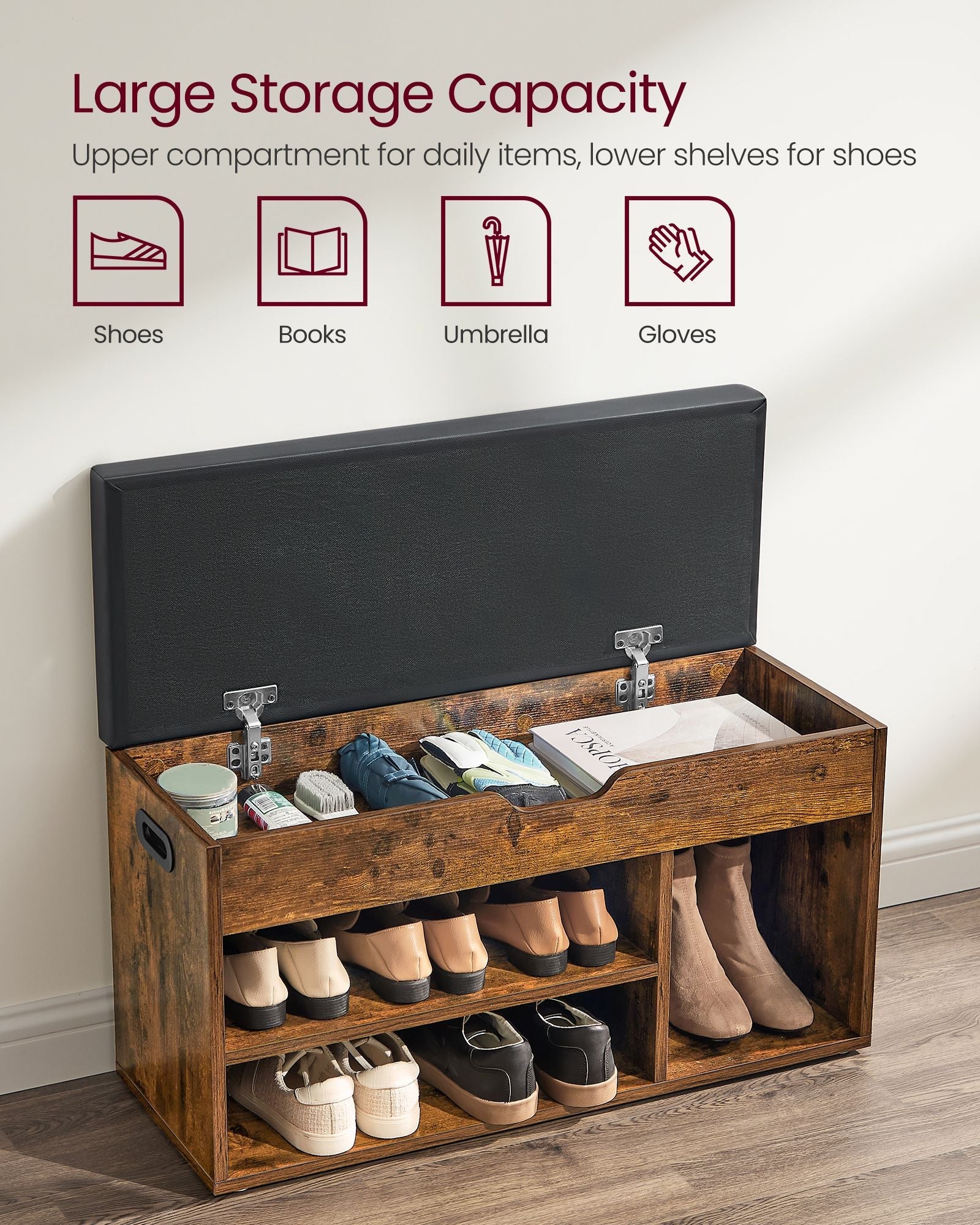 Shoe Bench – Wood – White – 3 Compartments with Storage Seat and Hidden Chest