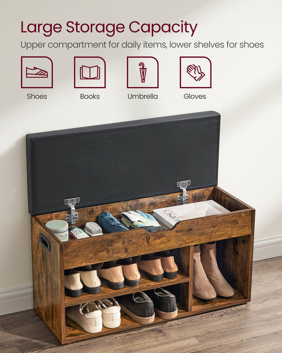 Shoe Bench – Wood – White – 3 Compartments with Storage Seat and Hidden Chest