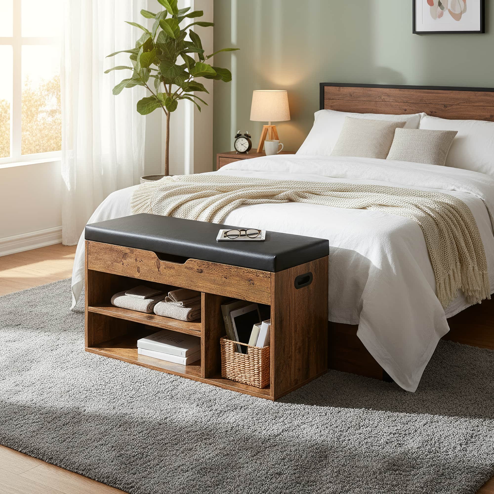 Entryway Storage Bench – Wood – Brown – Cushioned with Hidden Compartment and Shelves