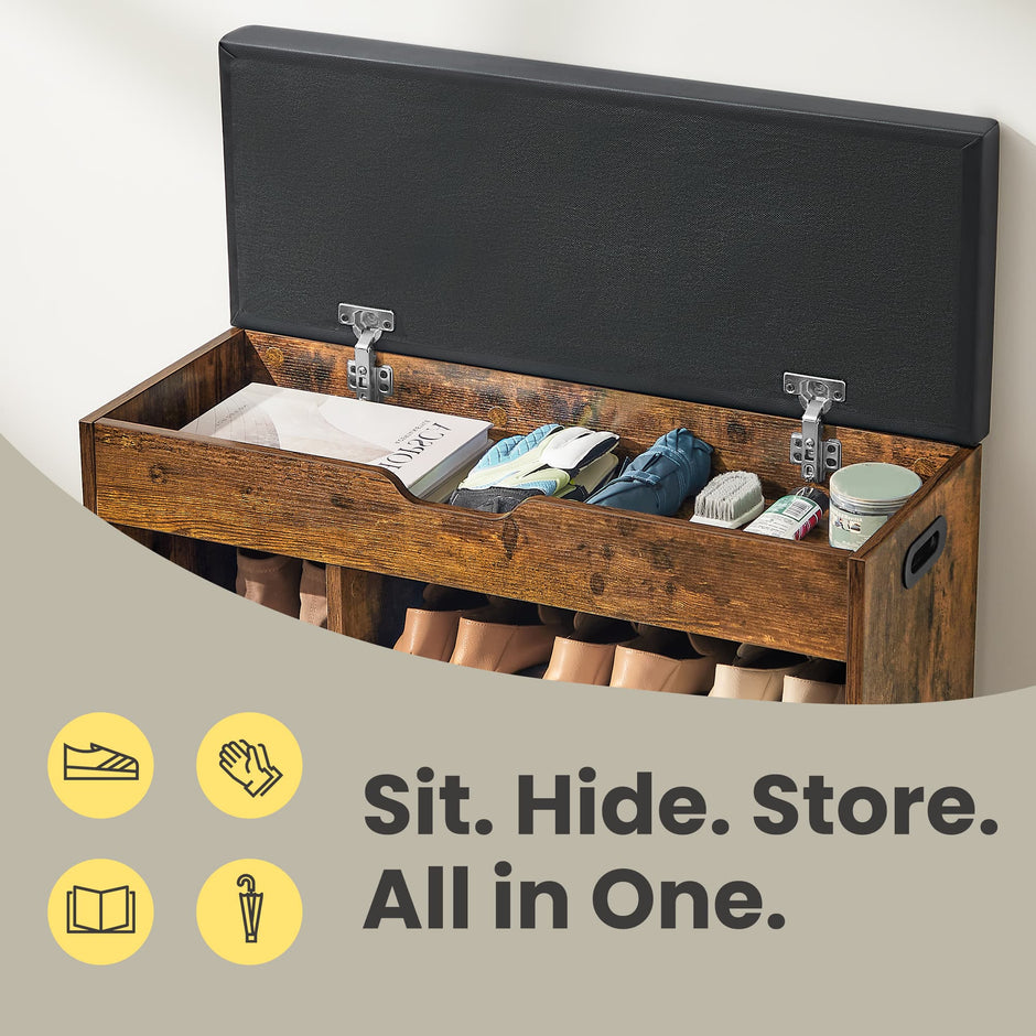 Entryway Storage Bench – Wood – Brown – Cushioned with Hidden Compartment and Shelves