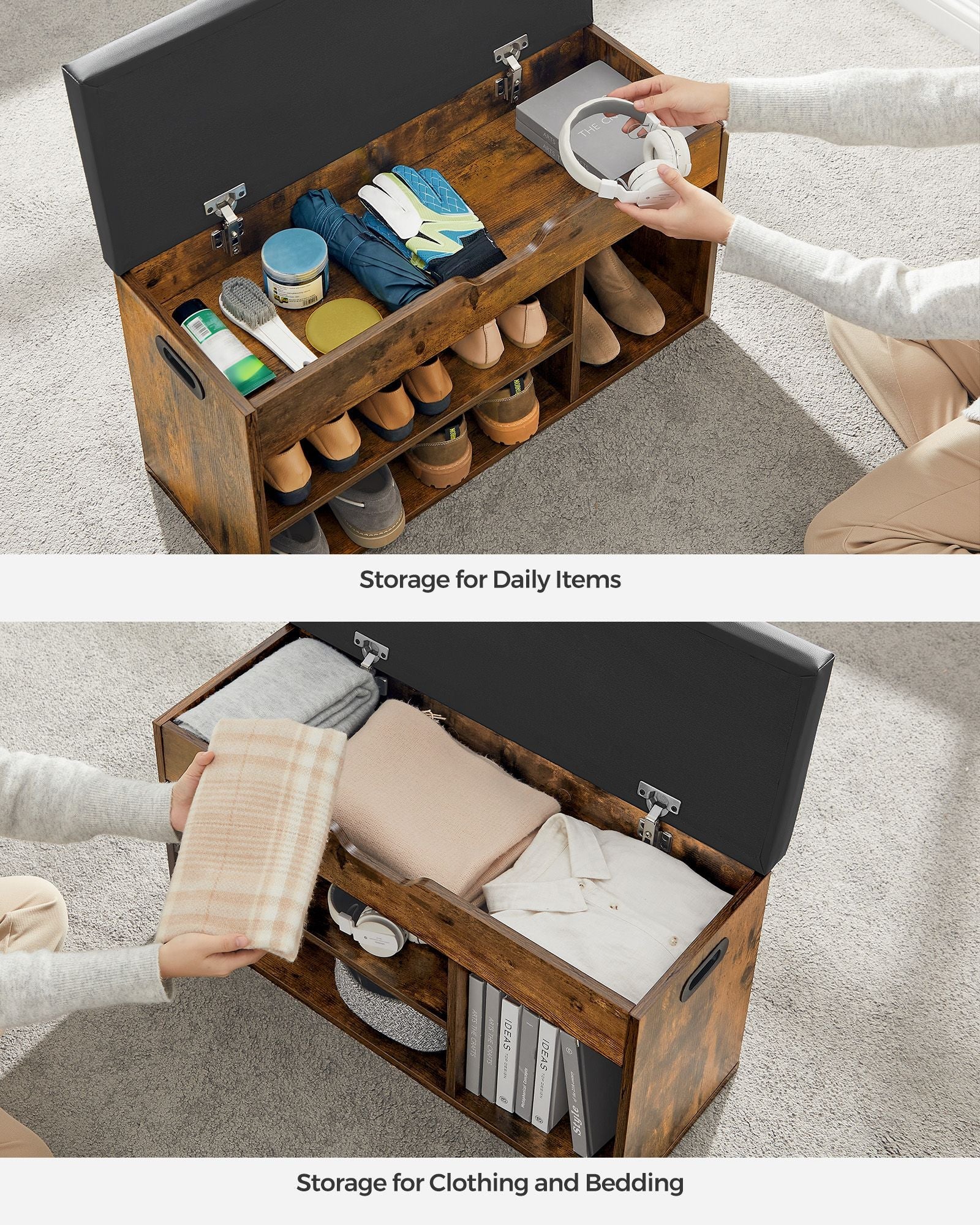 Shoe Bench – Wood – White – 3 Compartments with Storage Seat and Hidden Chest