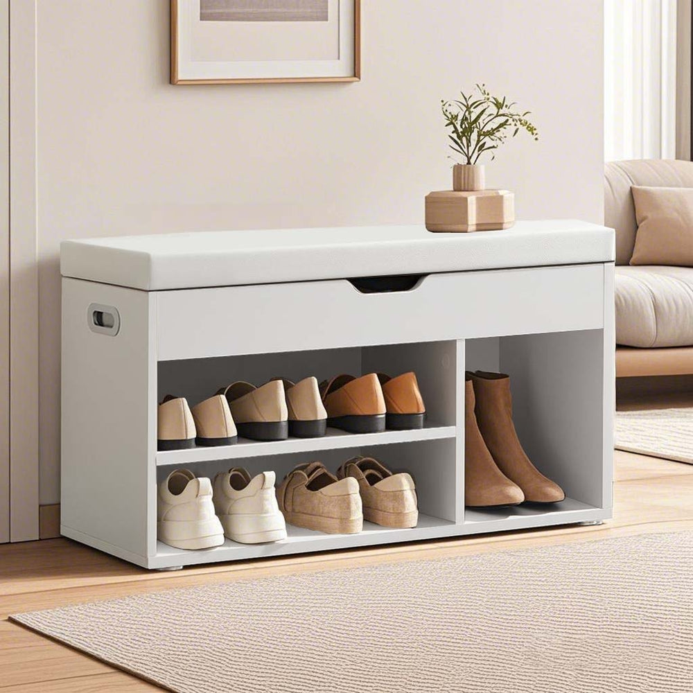 Shoe Storage Bench – Wood – White and Grey – Padded Seat with 3 Compartments