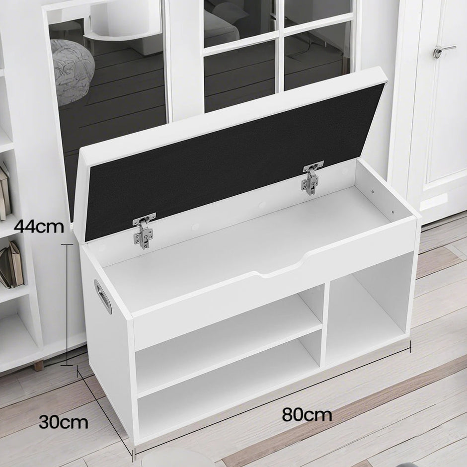 Shoe Storage Bench – Wood – White and Grey – Padded Seat with 3 Compartments