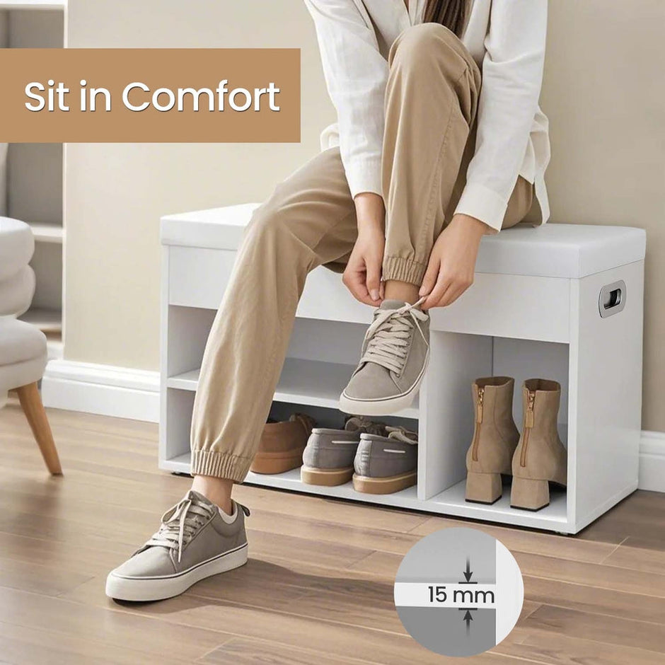 Shoe Storage Bench – Wood – White and Grey – Padded Seat with 3 Compartments
