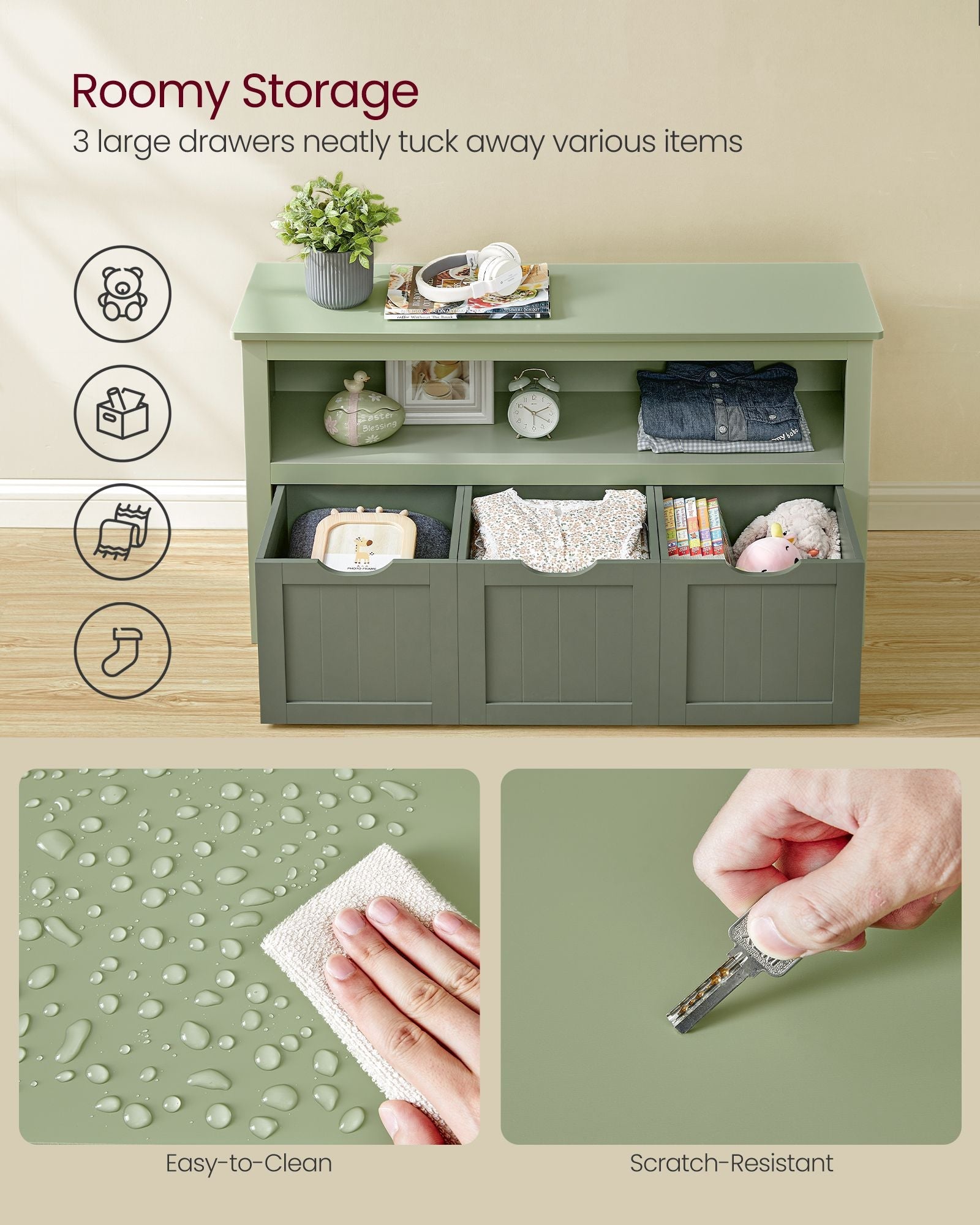 Toy Storage – Wood – Laurel Green – Mobile Unit with 3 Drawers