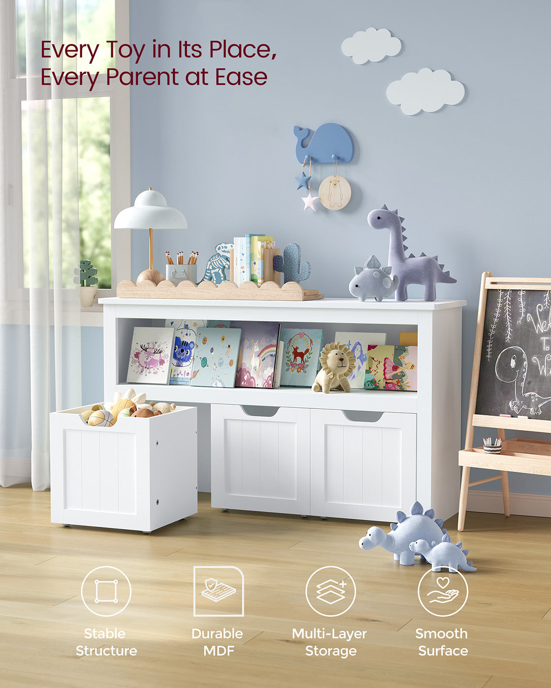 Toy Storage Unit – Wood – White – Mobile with 3 Drawers