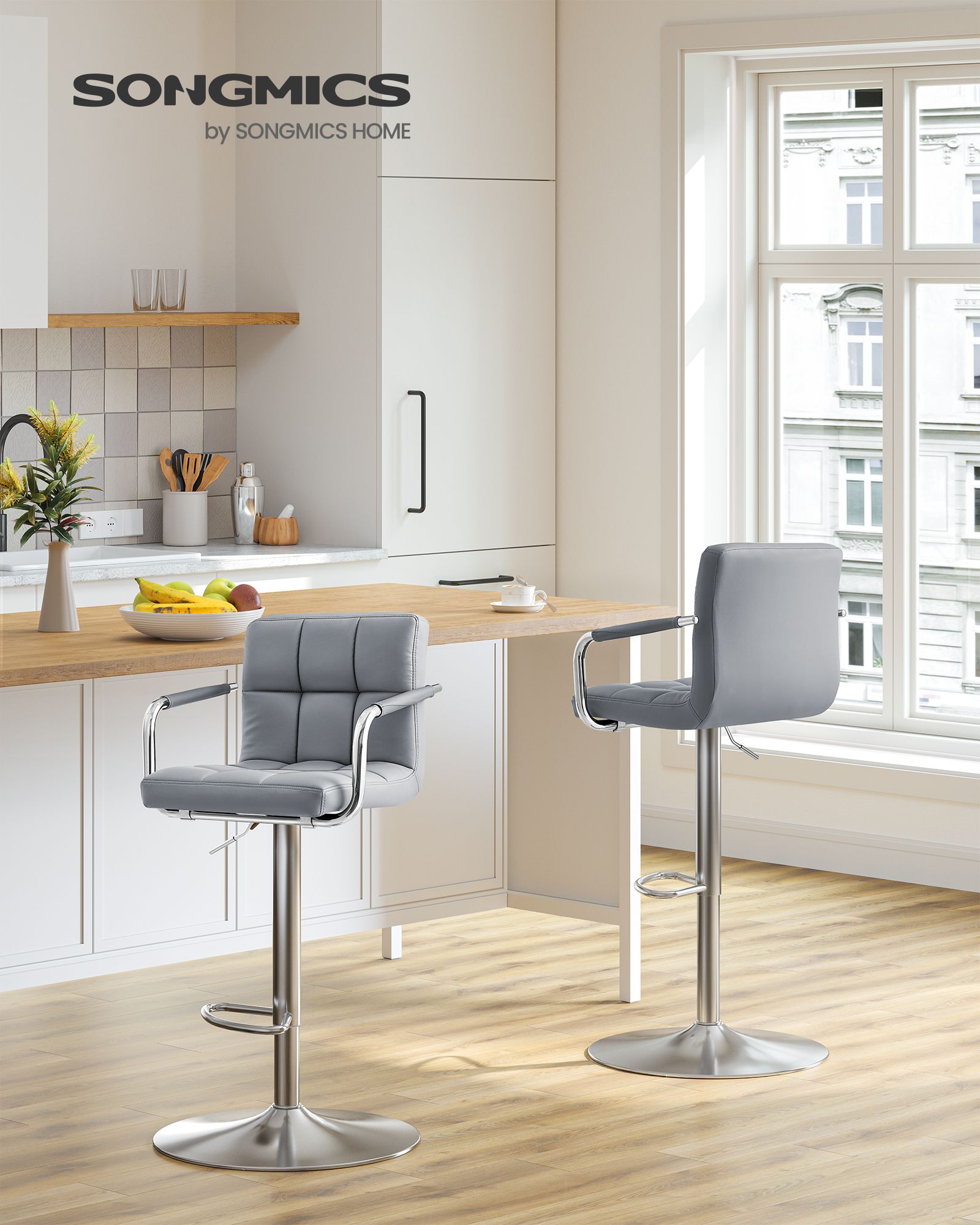 Bar Chair – Synthetic Leather – Light Grey – Height Adjustable, 360° Swivel with Backrest and Footrest