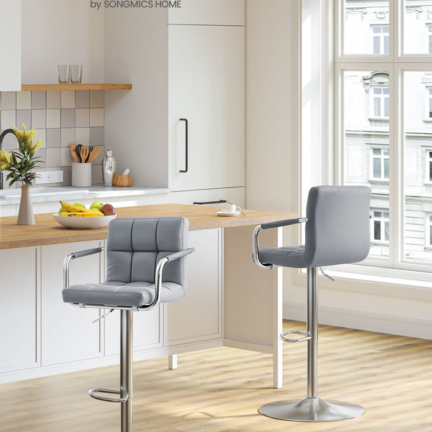 Bar Chair – Synthetic Leather – Light Grey – Height Adjustable, 360° Swivel with Backrest and Footrest