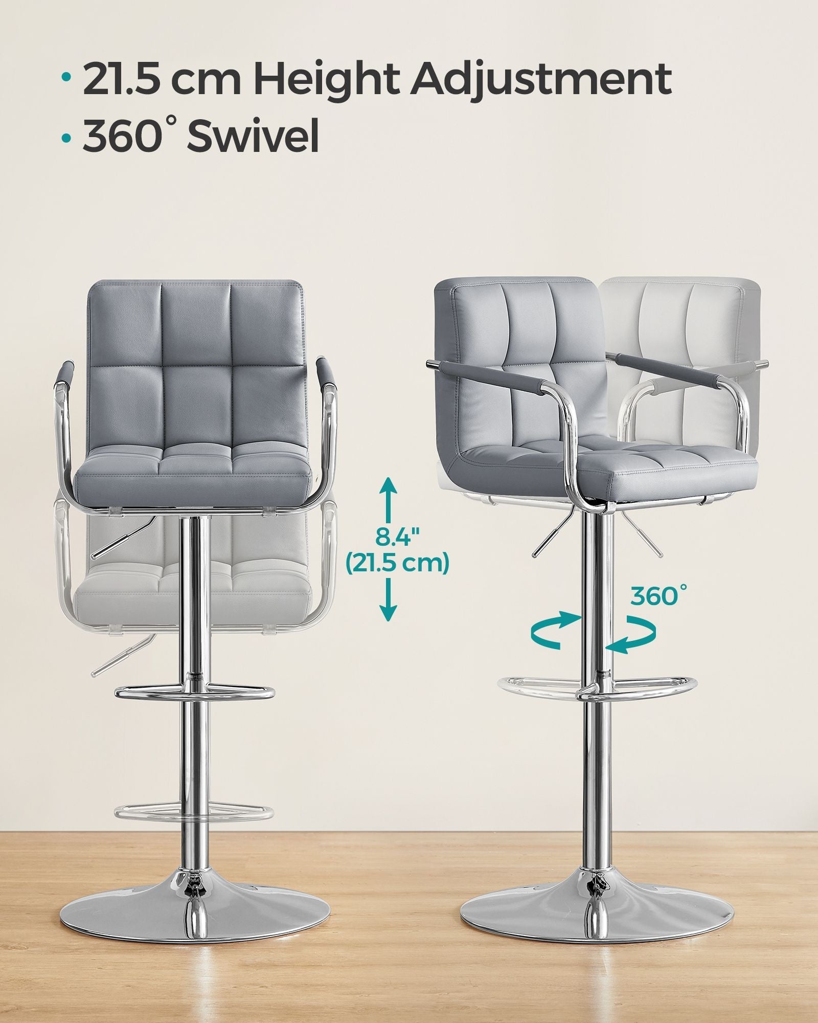 Bar Chair – Synthetic Leather – Light Grey – Height Adjustable, 360° Swivel with Backrest and Footrest